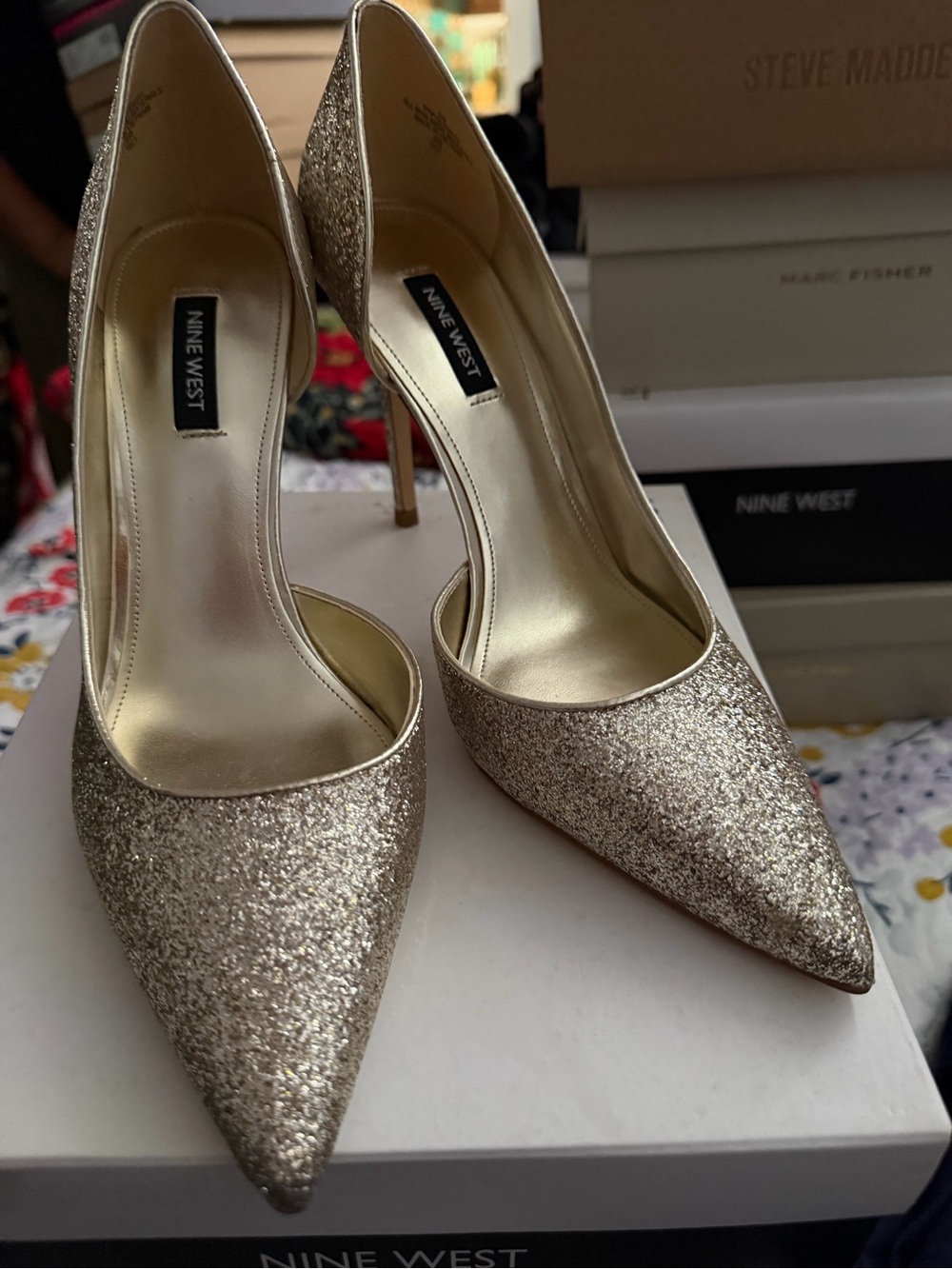 Nine West Glitter Pointed-Toe Stiletto Pumps in Gold